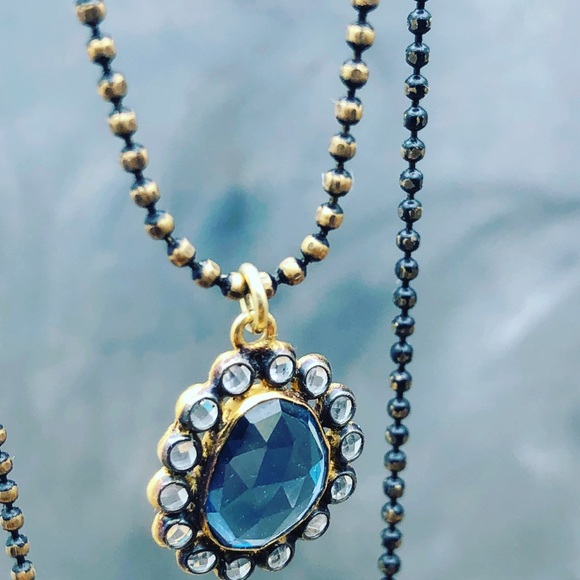 Blue Spinal & white sapphire black gold necklace